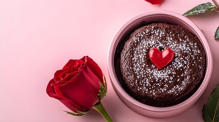 Chocolate Lava Cake with Valentine's Day, in a pink box, A red rose is placed next to the box with space above for text