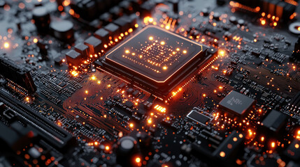 Fototapeta premium Glowing CPU on motherboard with circuits, data processing