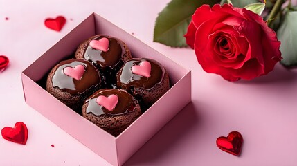 Chocolate Lava Cake with Valentine's Day, in a pink box, A red rose is placed next to the box with space above for text