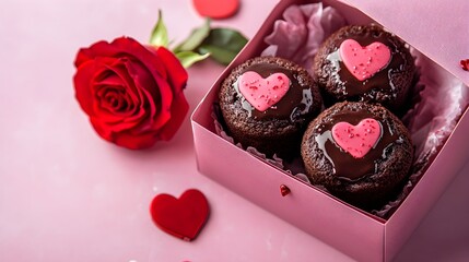 Chocolate Lava Cake with Valentine's Day, in a pink box, A red rose is placed next to the box with space above for text