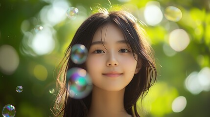 Fototapeta premium Girl Smiling Amidst Bubbles in a Sunny Garden With Blurred Greenery in the Background During a Warm Summer Afternoon