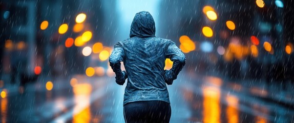 A woman running in the rain with a hood on