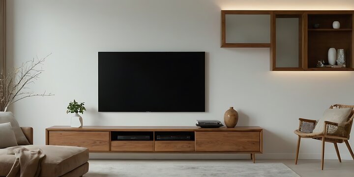 Living room interior with tv on cabinet and decorative lath on empty white wall background,comfortable, contemporary, cosy, elegant, floor, furniture, living, 