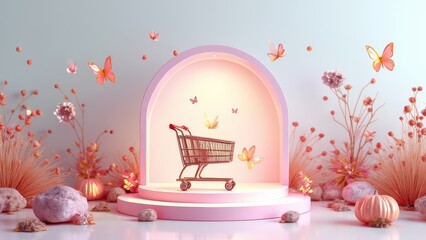 Obraz premium Golden Glow Shopping Cart Display podium business 3d render