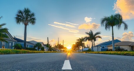Obraz premium A street with palm trees and houses in the background