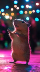 Cute Rodent Stands Upright Under Colorful Lights During a Festive Night in a Vibrant Outdoor Setting