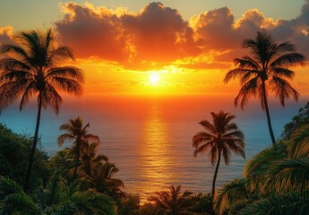 A beautiful sunset over the ocean with palm trees in the background