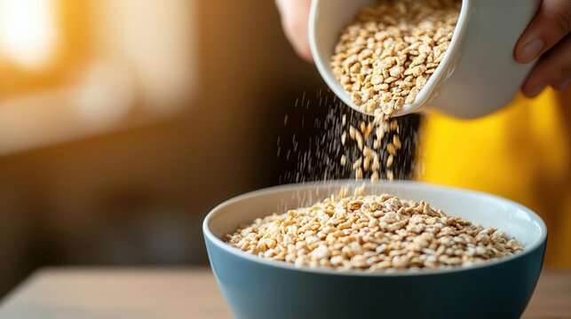 A child pouring cereal into a bowl with a big smile, National Cereal Day, highlighting the joy of a simple morning routine, , - Powered by Adobe