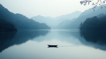 A boat is floating on a lake with a beautiful blue sky in the background