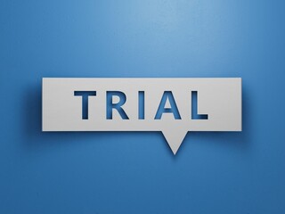trial, word cube on wood background.Minimalist Abstract Design With White Cut Out Paper.3D rendering on blue background.