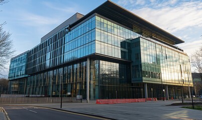Modern glass building reflecting the sky, showcasing contemporary architecture.