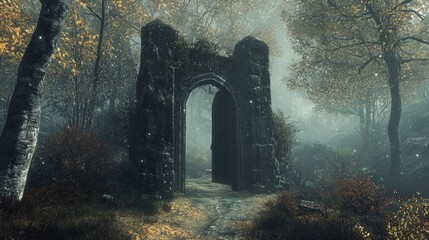 Fototapeta premium The door stands imposingly in a mystical forest clearing, inviting exploration into the unknown