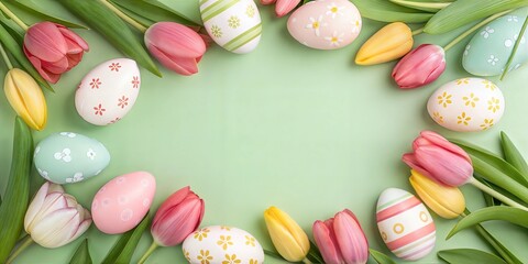 Easter Decorated Eggs Tulips Light Green Paper Background