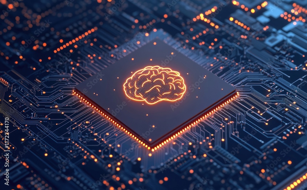 Poster A glowing brain icon atop an AI chip with intricate circuitry, symbolizing advanced artificial intelligence technology and its transformative impact on business. Ideal for tech and innovation designs