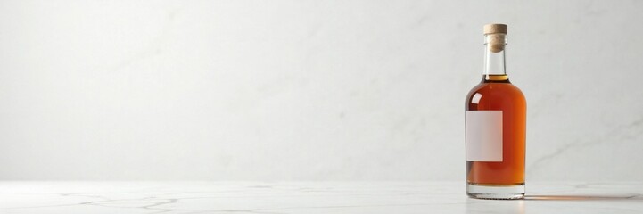 A solitary rum bottle on a white marble surface, minimalist, simple
