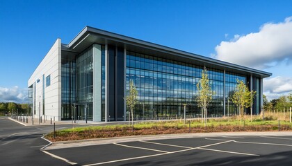 Obraz premium Modern glass building with a sleek design and surrounding landscaped area.
