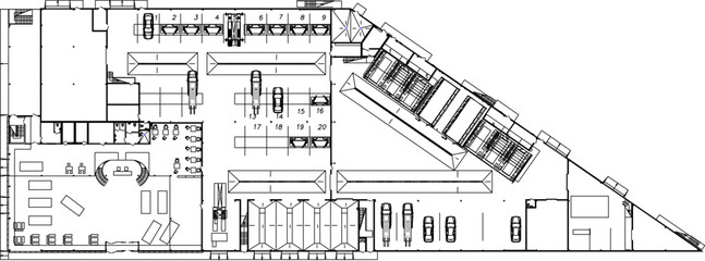 Vector sketch of silhouette of landscape plan of site plan of car parking place in tem.eps