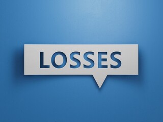 Speech Bubble with LOSS word on wooden table. Financial loss busines concept. Memory loss demetia mental health concept.Business Concept.3D rendering on blue background.