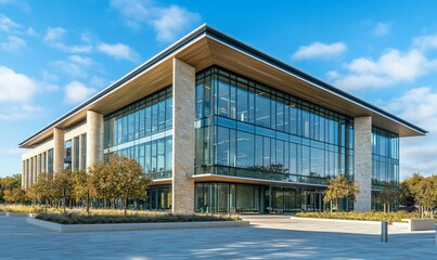 Obraz premium Modern glass building with a wooden roof and landscaped surroundings.