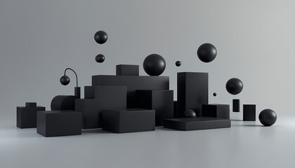 Abstract Minimalist Black Geometric Shapes on Light Gray Background