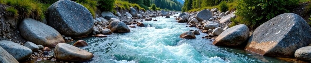 Fototapeta premium Boulders scattered along the turbulent stream, rough, wilderness, mountains