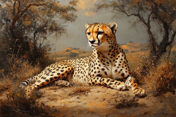 A majestic cheetah resting in a serene landscape, showcasing wildlife beauty.