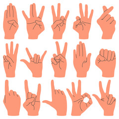 Obraz premium Set of various positions hand gestures vector illustration, hand gesture vector, concept of communication, expressionson and non verbal vector illustration isolated on a white background