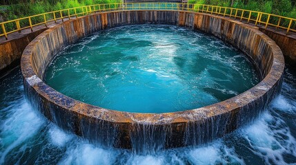 Circular water treatment basin with flowing water.
