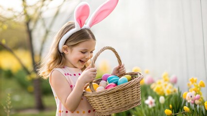 Easter theme Little Girl Colorful Painted Basket Eggs Bunny Ears garden background