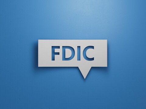 Word fdic on Speech Bubble with copy space.Minimalist Abstract Design With White Cut Out Paper.3D rendering on blue background.