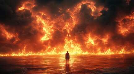 A man stands in the middle of a fiery ocean