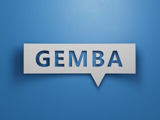 Word gemba. Wooden small cubes with letters with copy space available.Minimalist Abstract Design With White Cut Out Paper.3D rendering on blue background.