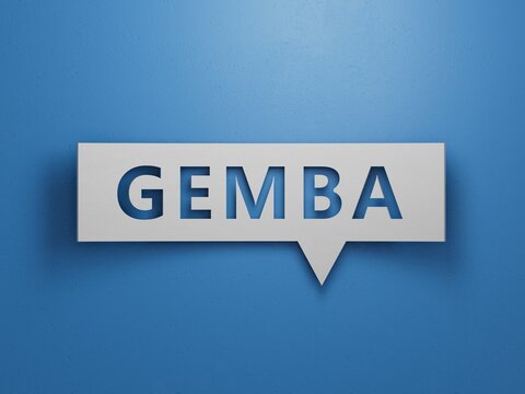 Word gemba. Wooden small cubes with letters with copy space available.Minimalist Abstract Design With White Cut Out Paper.3D rendering on blue background.