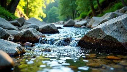 crystal clear creek water flowing through mountain rocks, nature, rock
