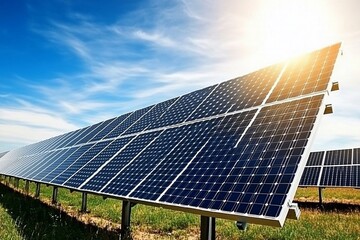 Solar panels in a field under a bright sky, harnessing renewable energy.