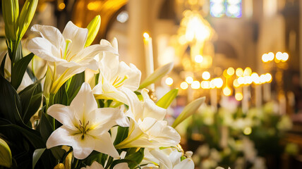A grand cathedral interior featuring an elaborate altar adorned with Easter lilies, gold accents, and flickering candles, creating a reverent and majestic atmosphere.