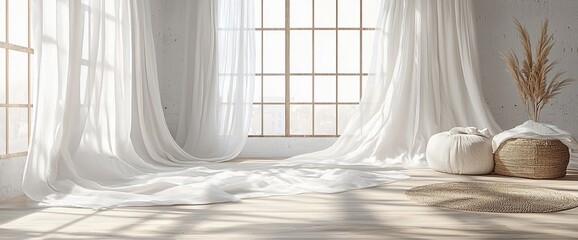 Sunlit room with sheer curtains, wooden floor, and poufs.