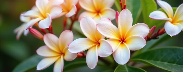 Delicate frangipani flowers in white and pale pink hues, garden, petal