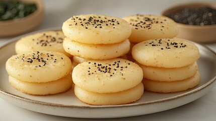Close-up of several small, round, light-yellow, sesame-seed-topped cakes stacked on a plate.