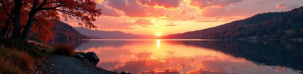 Fototapeta premium Desolate lake shore at sunset amidst autumnal foliage, nature, sky