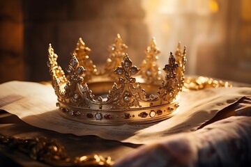 A golden crown rests on aged parchment in a warm, illuminated space.