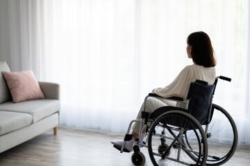 Woman in Wheelchair Contemplating in Modern Living Room Space