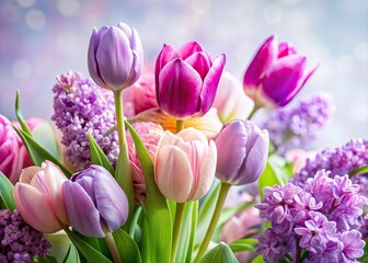 Fototapeta premium Minimalist photography showcases the colorful beauty of spring's lilac and tulip blossoms.