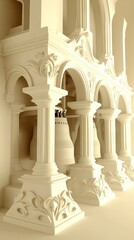 Fototapeta premium A serene architectural structure featuring ornate columns and bells in a soft light.