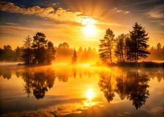 Obraz premium Misty lake sunrise: golden light silhouettes trees, their reflections shimmering below.