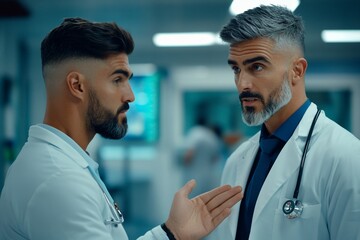 Fototapeta premium Two doctors discussing in a medical setting, showcasing teamwork and professionalism.