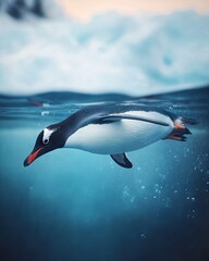 Obraz premium A penguin swimming underwater in a serene, icy environment.