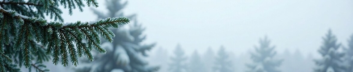 Frosty evergreen tree branches against a grey sky, frosty, landscape