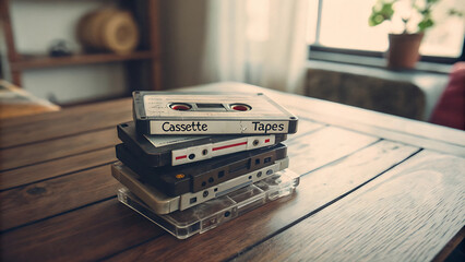 Nostalgic collection of vintage cassette tapes on wooden table for retro decor.