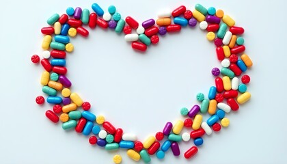 A heart made of bright pills on a white surface, showcasing the link between love and healthcare
